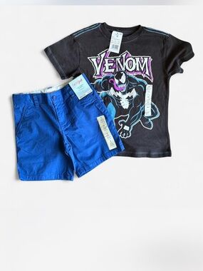 Cat & Jack Boys Black Venom Graphic Tee with Blue Shorts